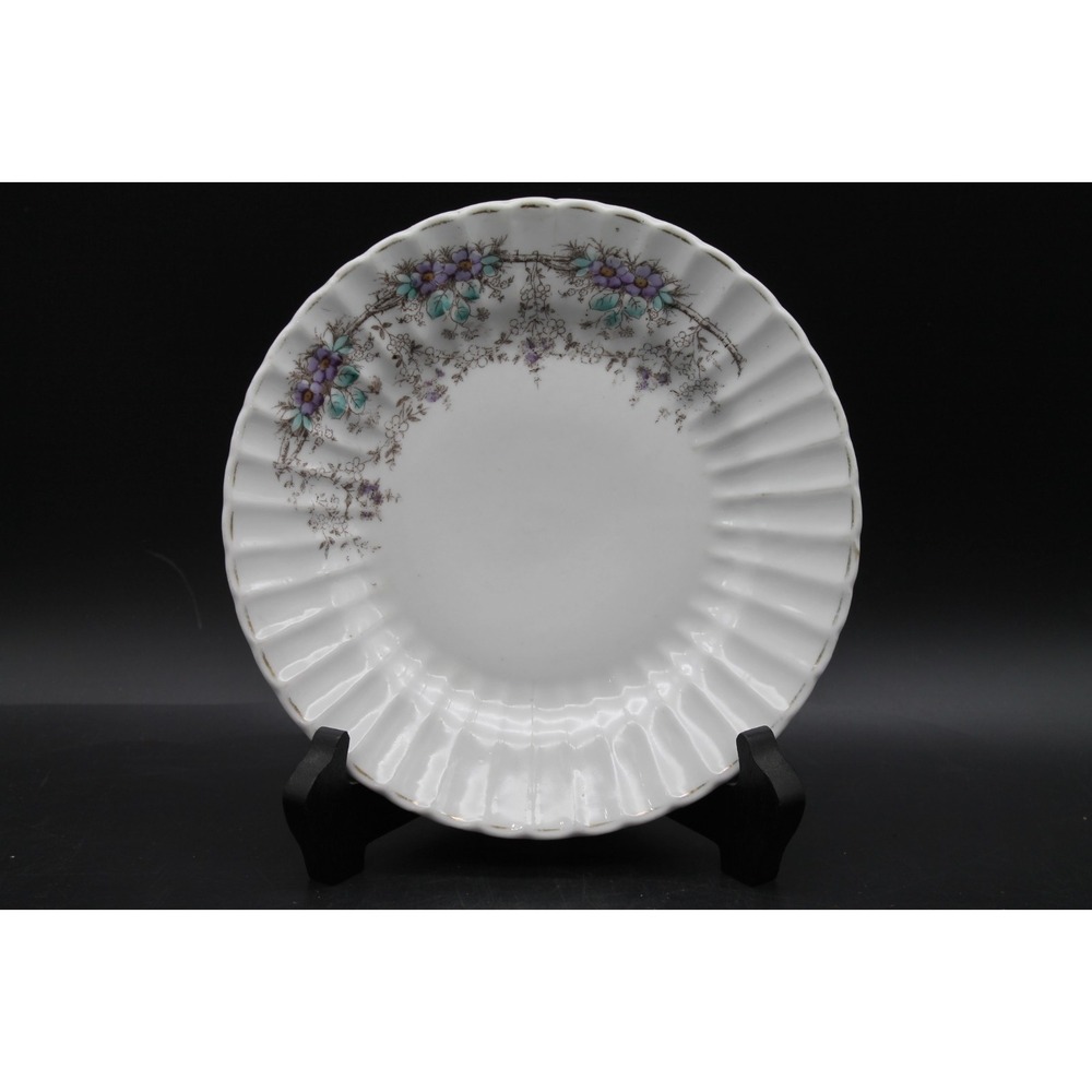 Vintage Fluted White Salad Plate Purple Floral Pattern Unmarked 7.5"